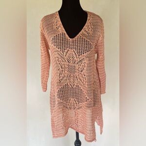 JEANNE PIERRE Open Knit Crochet Tunic Top Orange Size L Boho Fairy Festival
